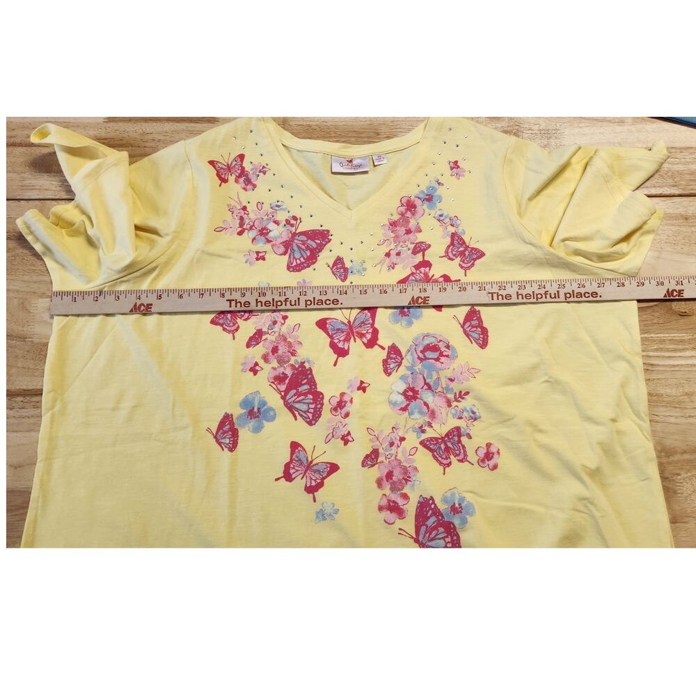 Quacker Factory All Flutter Yellow Butterfly Rhinestone V Neck T-Shirt Plus 3X - Picture 6 of 9
